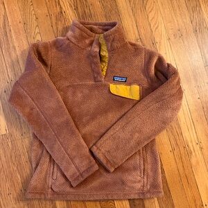 Patagonia Rust Brown Sherpa Pullover with Mustard Pocket